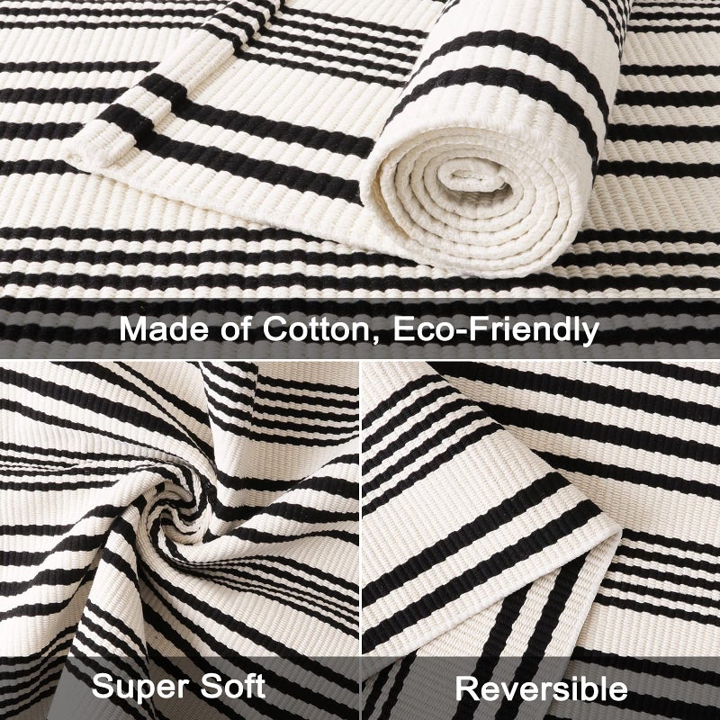 LEEVAN Black and White Indoor Outdoor Rug, 5’x8’ Cotton Striped Reversible Washable Modern Farmhouse Rug, Hand-Woven Large Patios Area Rug Carpet Mat for Clearance Bedroom Living Room Balcony Decor - Image 3